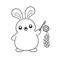Cute rabbit holding a Chinese firecrackers outline cartoon illustration. Chinese Zodiac Animal, Year of the Rabbit 2023, New year and Mid Autumn Moon festival coloring book page activity for kids.