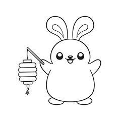 Cute rabbit holding a Chinese lantern outline cartoon illustration. Chinese Zodiac Animal, Year of the Rabbit 2023, New year and Mid Autumn Moon festival coloring book page worksheet for kids.