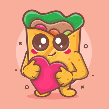 kawaii burrito food character mascot holding love heart sign isolated cartoon in flat style design