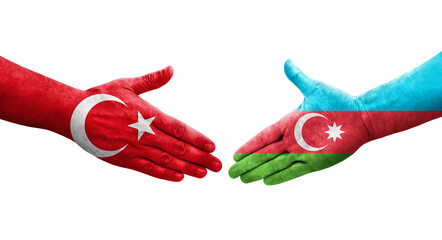 Handshake between Azerbaijan and Turkey flags painted on hands, isolated transparent image.