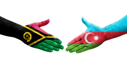 Handshake between Azerbaijan and Vanuatu flags painted on hands, isolated transparent image.