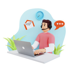Fototapeta na wymiar male customer service wearing headset working using laptop, 3d character illustration