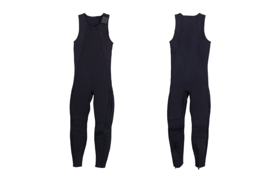 Male black long diving plastic wetsuit for underwater swimming with transparent background