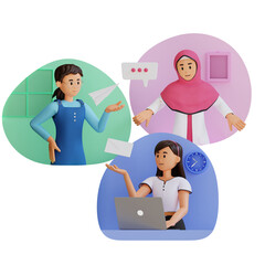 Three young women communicating via message 3d character illustration