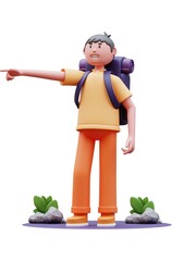 3D Traveler illustration character standing by showing the direction or destination of the hike with a backpack on his back and camping equipment