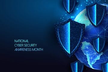 National cyber security awareness month digital web banner with protective shields and planet Earth