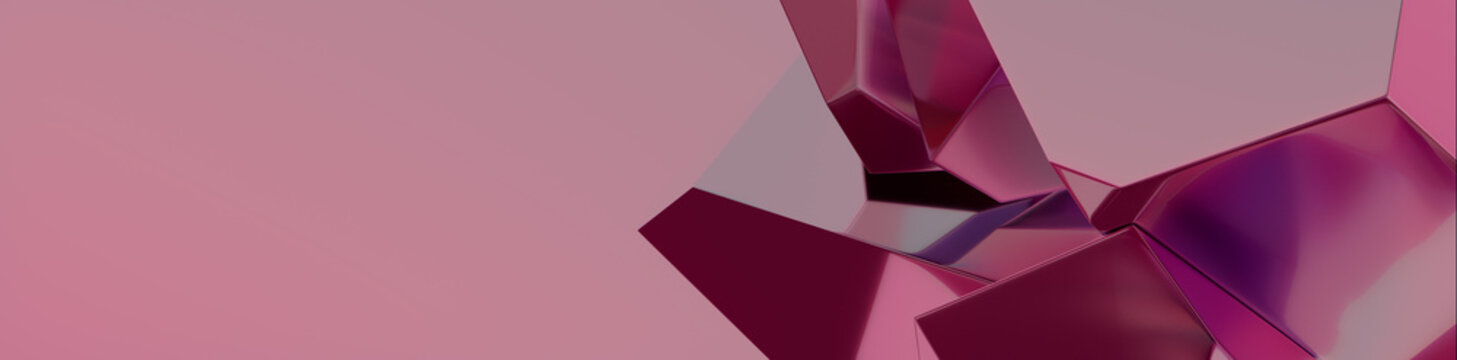 Colorful Pink and Magenta Glass Pieces form a Contemporary Abstract Banner. Reflective 3D Render with copy-space.