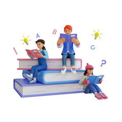 teenager reading a book on a big book pile 3d character illustration