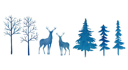 水彩テクスチャのトナカイと針葉樹のシルエット