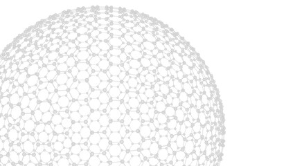 Spheres shredded into white fine hexagonal atoms under dark blue background. Concept 3D CG of strength analysis, blockchain information technology and social human relations. X-ray view. PNG format.