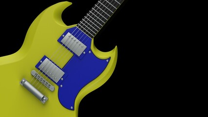 Fototapeta na wymiar Yellow-blue electric guitar under black background. Concept 3D illustration of legendary rock band, advanced performance techniques and composing activities.