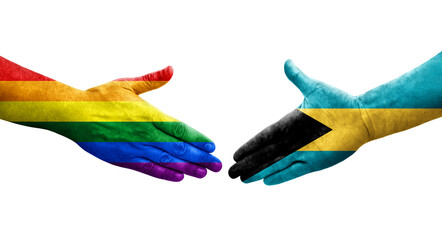 Handshake between Bahamas and LGBT flags painted on hands, isolated transparent image.