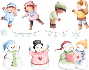 Watercolor Illustration set of Kids and snowman