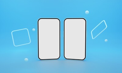 3d rendering of smartphones with white screenshot and blue neon light on blue background.