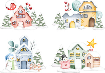 Watercolor illustration set of village in winter season