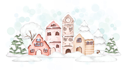 Watercolor illustration winter in town