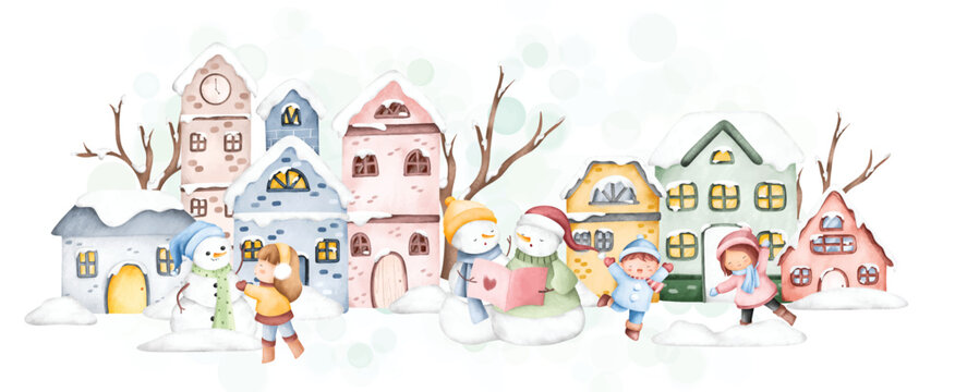 Watercolor illustration winter in town