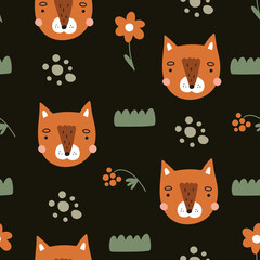 Seamless pattern with cute foxes in the forest. Vector illustration isolated for your design.
