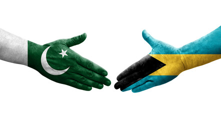 Handshake between Bahamas and Pakistan flags painted on hands, isolated transparent image.