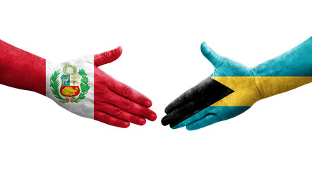 Handshake between Bahamas and Peru flags painted on hands, isolated transparent image.
