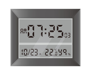 Illustration of a digital clock with calendar and thermometer and hygrometer display functions. Vector illustration of a clock face.