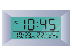Illustration of a digital clock with calendar and thermometer and hygrometer display functions. Vector illustration of a clock face.
