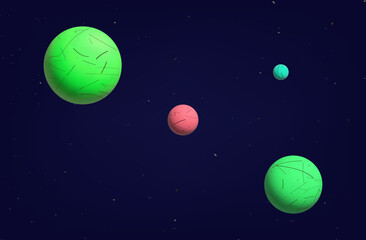 3d spheres in the endless space. Modern abstract background with round shapes. Pink, green balls in the night sky of the galaxy. Cool concept of flying spheres, planets for banner. Magic ball. Vector.