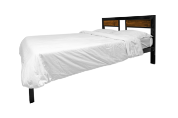 Simplistic steel bed with white bedding.
