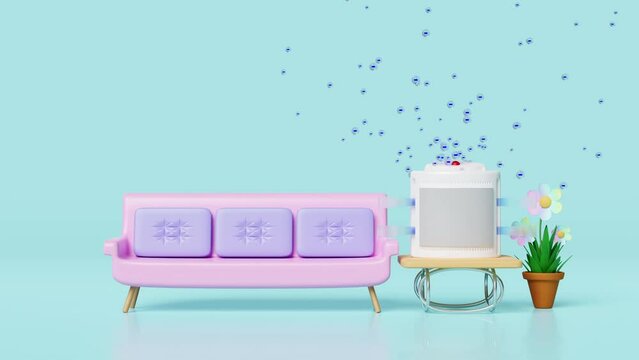 3d air purifier in room, dehumidifier, misting fans with electron anion, ozone, arrow air flows shows with bench, sofa, flower pot isolated on blue background. allergy prevention concept, 3d animation