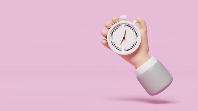 businessman timing success with white stopwatch in hand isolated on pink background. 3d animation