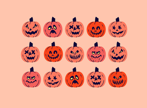 halloween pumpkin set - carved pumpkin faces assortment - scary happy funny cute spooky pumpkin carving face
