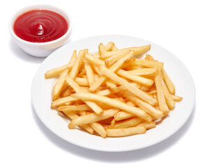French fries potatoes on white ceramic plate isolated on white background