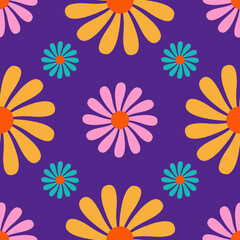 Fototapeta na wymiar Cute flowers seamless pattern on a purple background. Hippy floral ornament in 1970s flat cartoon style. Can be used as a wallpaper, wrapping paper, textile print etc.
