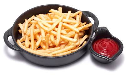 French fries potatoes in black ceramic bowl isolated on white background