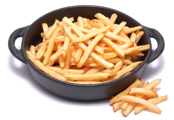 French fries potatoes in black ceramic bowl isolated on white background
