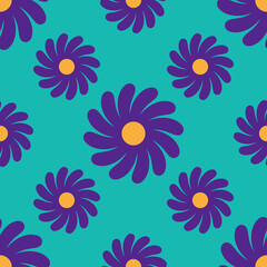 Fototapeta na wymiar Purple flowers seamless pattern on a turquoise background. Floral background in 1970s hippy flat cartoon style. Can be used as a wallpaper, wrapping paper, textile print etc.