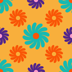 Cute flowers seamless pattern on yellow background. Bright hippy floral background in 1970s flat cartoon style. Can be used as a wallpaper, wrapping paper, textile print etc.