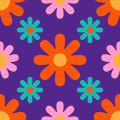 Fototapeta na wymiar Hippy floral seamless pattern on a purple background. Bright background with cute flowers in 1970s flat cartoon style. Can be used as a wallpaper, wrapping paper, textile print etc.