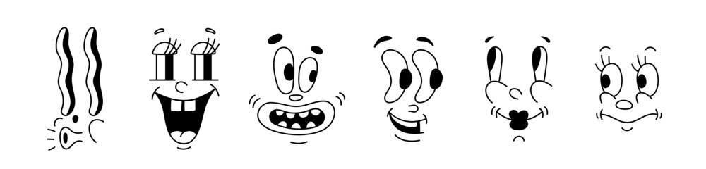 Retro 30s characters mascot, comic faces expression of the 50s, 60s. Quirky eyes and mouths cartoon animation in funny style, vintage avatars vector background