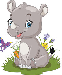 Cartoon baby rhino sitting in the grass