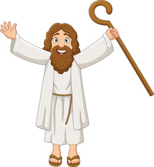 Cartoon Moses holding wooden staff with open arms