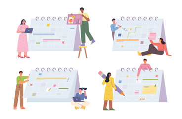 People are marking their schedules on a huge calendar. flat vector illustration.