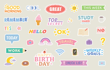 Cute diary sticker design set. flat vector illustration.