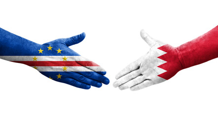 Handshake between Bahrain and Cape Verde flags painted on hands, isolated transparent image.