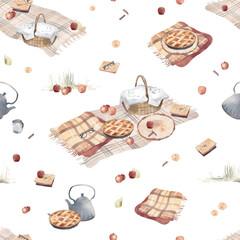 Watercolor hand drawn seamless pattern with illustration of autumn picnic elements - harvest, apples, wicker basket, apple pie, teapot isolated on white background. Cozy fall composition on the plaid.