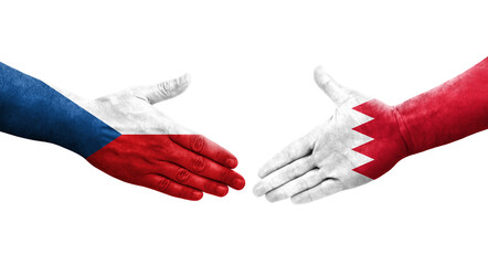 Handshake between Bahrain and Czechia flags painted on hands, isolated transparent image.