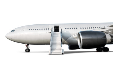 White wide body passenger jet plane with air-stairs isolated on transparent background