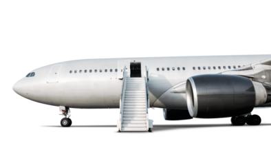 White wide body passenger jet plane with air-stairs isolated on transparent background