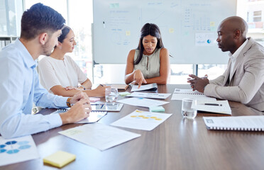 Planning, project management and review with business people in meeting for marketing strategy,...