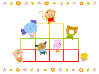 ジャングルジムで遊ぶ動物たち